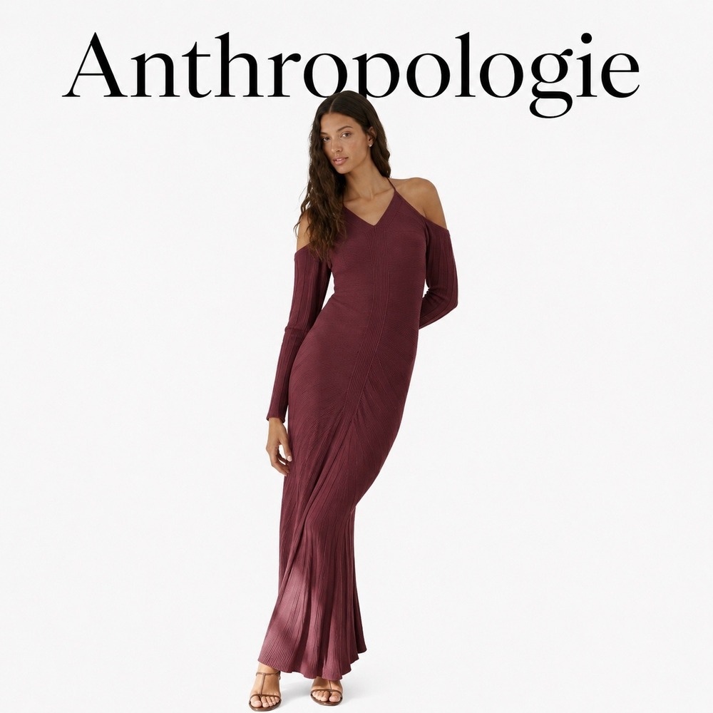 Anthropologie‎ Burgundy Cold Shoulder Ribbed Knit Maxi Dress